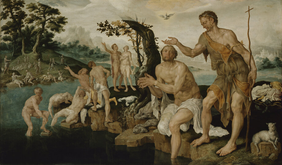 Maerten van Heemskerck (1498-1574), Taufe Christi, 1563, Holz, 78 x 131 cm