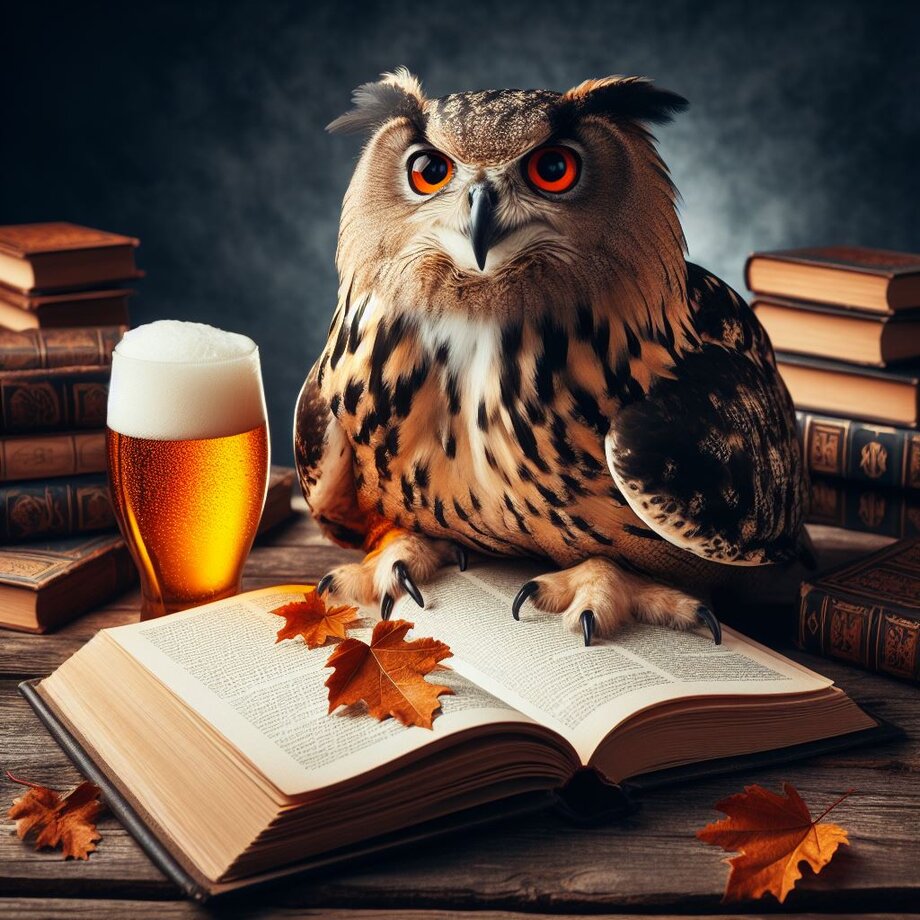 Uhu mit Buch und Bierglas