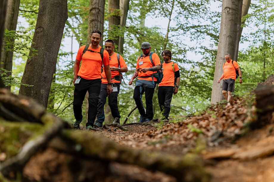 Eine FirmenWanderTags-Gruppe unterwegs im Wald.